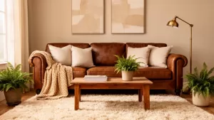 brązowa kanapa w salonie aranżacje