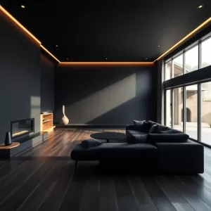 Czarny salon z drewnem