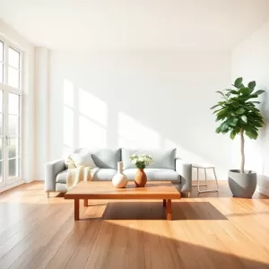 Jasny salon z drewnem