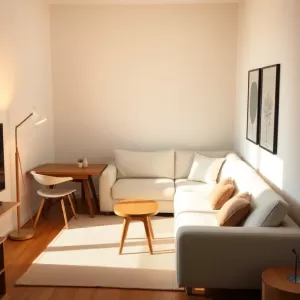 Mały salon z narożnikiem i stołem