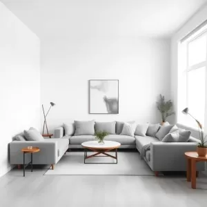 Salon biało szary z drewnem