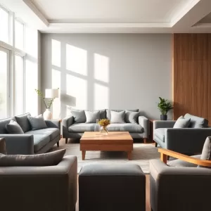 Szary salon z drewnem