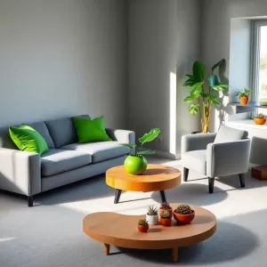 Szary salon z zielonymi dodatkami