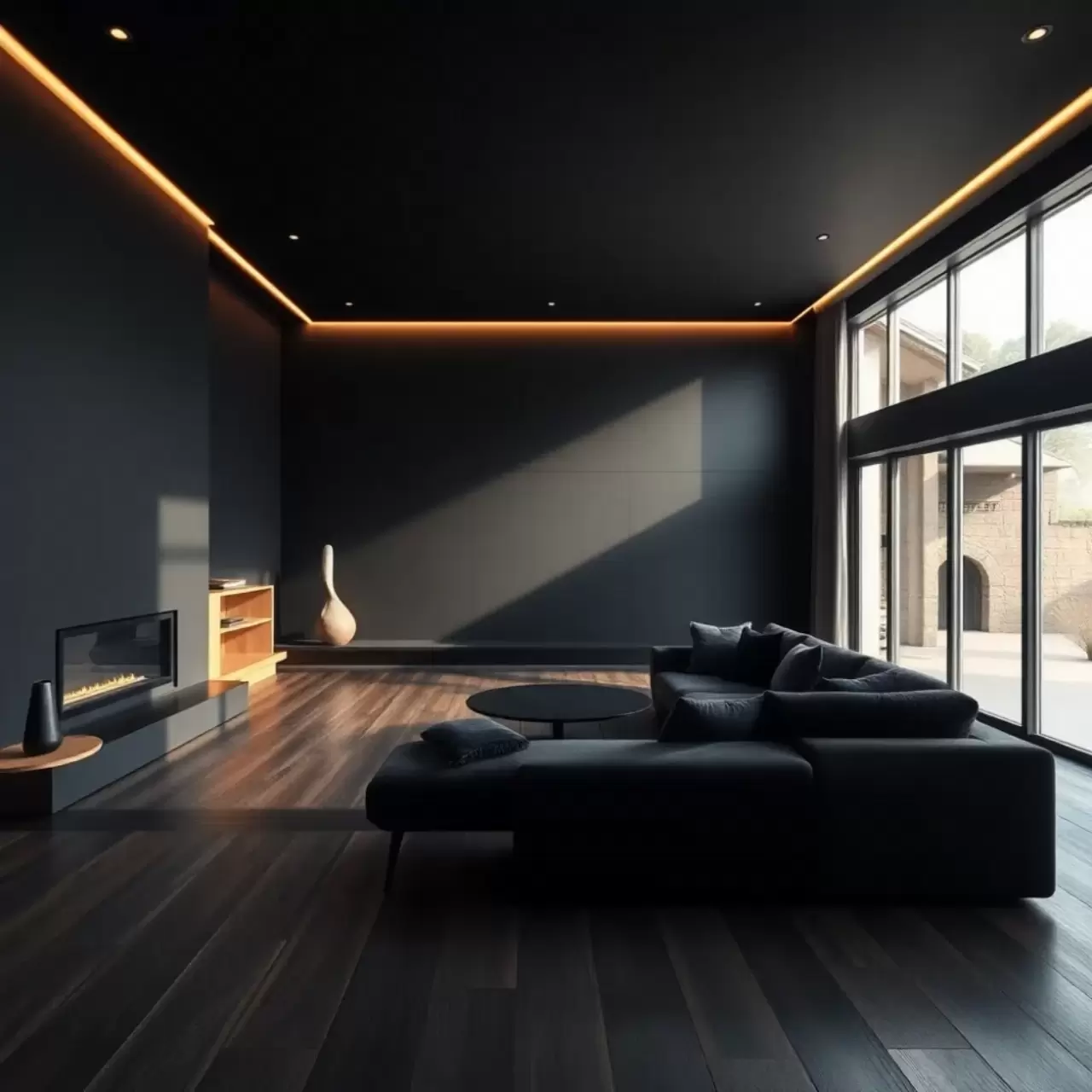Czarny salon z drewnem